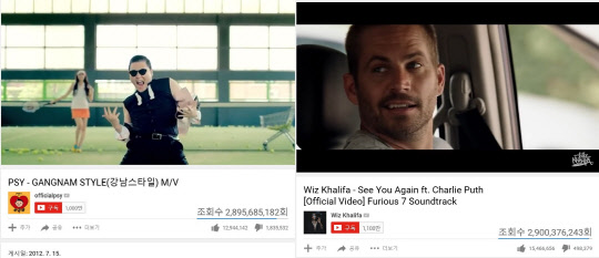 미국 팝가수 찰리 푸스의 '시 유 어게인'이 싸이 '강남스타일'(왼쪽)를 제치고 5년간 가장 많이 본 유튜브 뮤직비디오에 올랐다. <싸이 '강남스타일' 유튜브 뮤직비디오 영상 캡쳐, 찰리 푸스 '시 유 어게인' 뮤직비디오 영상 캡쳐>